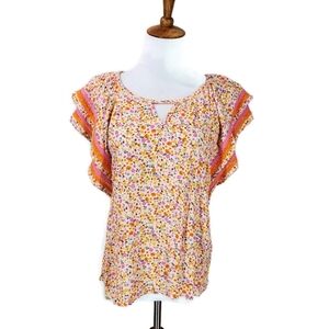 Democracy Gauzy Floral Flutter Sleeve Lace Trim Flowy Boho Blouse Top Size PS